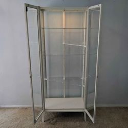 Ikea MILSBO white metal and glass display curio cabinet with added lights and triangle half shelves