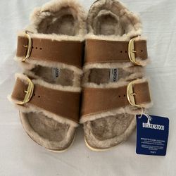 BIRKENSTOCK Milano Big Buckle Shearling Sandals Cognac Leather size 39 (size 8 US) brand new, no box