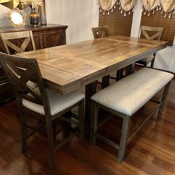 6 Pieces Dining table Set, Wooden Table and 4 Chairs With Bench With Cushion