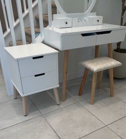 Kids White Vanity Desk Set with Mirror and Stool