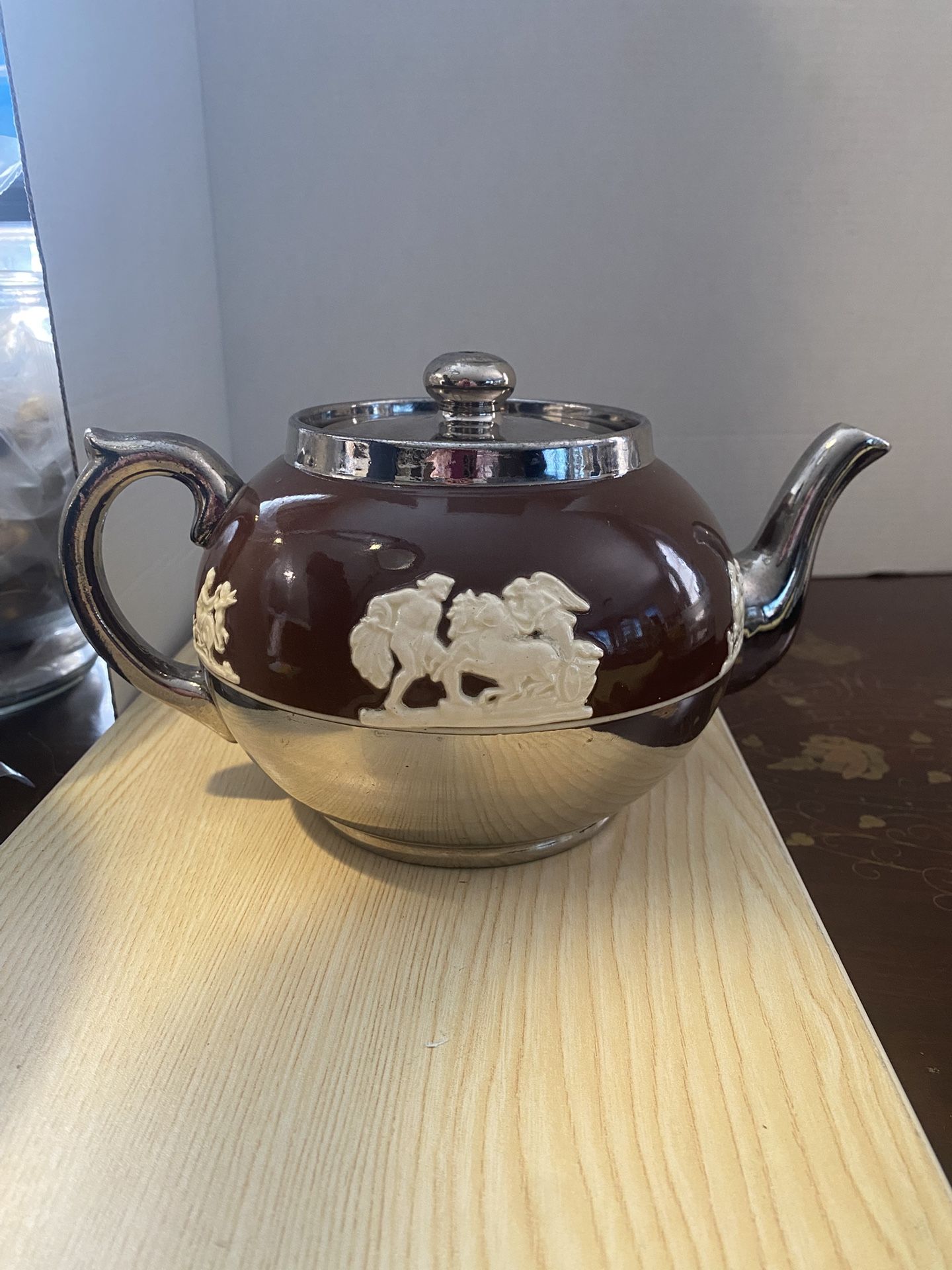 Vintage Gibson & Son Staffordshire England Teapot Brown And Silver With Raised Relief Greek-Roman Cherubs