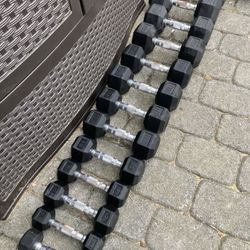 Complete Set Of 9 Pairs Of Rubber Hex Dumbbells  - 5’s To 60’s