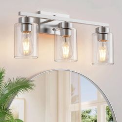 22” 3-Light Bathroom Light Fixture, Brushed Nickel Vanity Light with Clear Glass Shade