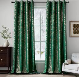 Green Velvet Curtains 84 Inches 2 Panels Luxury Gold Foil Print Privacy Curtains