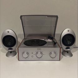 JENSEN JTA-220 3-Speed Turntable with AM/FM Stereo Receiver  2 KEF HTS2001 Egg Satellite Speakers 