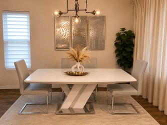 Modern White High-Gloss Dining Table Set with 4 Chairs