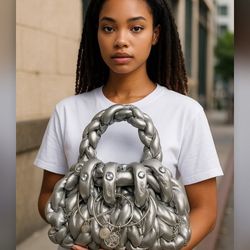 Metallic Hand Knitted Bag with Bucket Hat