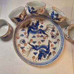 Blue Dragon Outlined With Gold, Chinese Porcelain Miniature Tea Set With 5 Cups