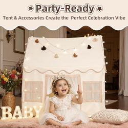(212111-68) Kids Play Tent Indoor: with Mat, Tassel Garland, Star Lights - Girl Tent Indoor Playhouse for Kids Toys for Boy Girl Birthday Gift