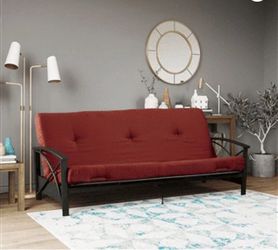 Frame And 6 Inch Futon Mattress with Tufted Cover and Recycled Polyester Fill, Full, Ruby Red