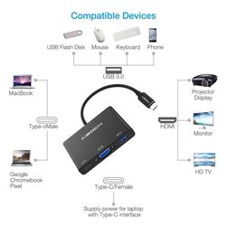 USB C to VGA, 3-in-1 Digital Multiport Adapter, USB-C Quick Charging +VGA (Supports 4K) + USB 3.1 Port, for VGA Converter and MacBook /ChromeBook Pix