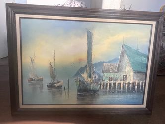 Framed Oil Painting Nautical Harbor Scene