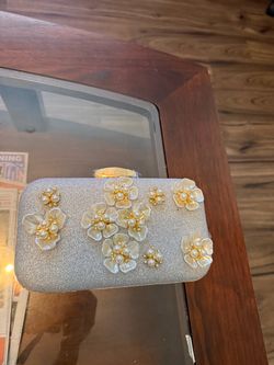 Silver Glitter Clutch with Floral Pearl Detail