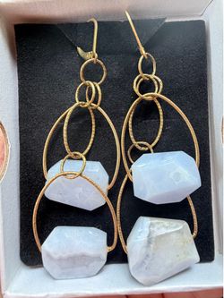 Gold blue lace agate earrings