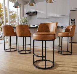 New assembled 26" Brown Counter Height Bar Stools Set of 4, Anti-Pinch Swivel
Round Base with Metal Frame, 4.7" Thick Seat, Easy-Clean Faux Leather, C