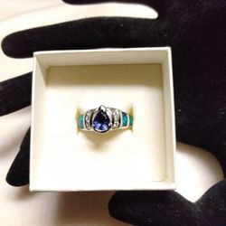 Sapphire With Australian Opal Inlay 925 Sterling Silver Ring