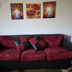 Red Wicker Sofa With velvet  cushions 