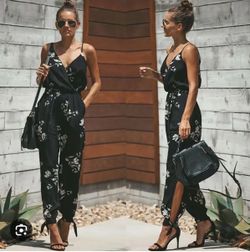 Black Floral Spaghetti Strap Jumpsuit