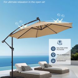 10 ft Offset Patio Umbrella with Solar Lights, Large Cantilever Outdoor Umbrellas
