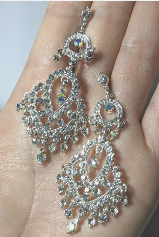 3" Long Sophisticated Clear Austrian Crysta Rhinestone Silver Chandelier Earrings