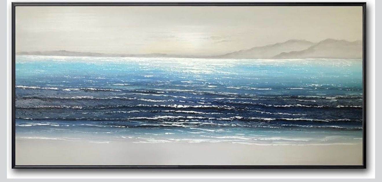 Hand Painted 3D Black and White Beach Oil Painting for Bedroom, Framed Blue Seasacape (24” x 48”)