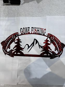 Gone Fishing w/ 2 Fish Facing Inward, 2 Trees, Mountain
