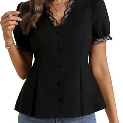 New xxl Womens Lace Peplum Tops Cinched Waist Button Down Shirt V Neck Puff Sleeve Business Casual Tops Cotton Blouses