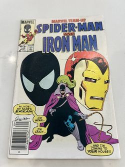 Marvel Team-Up #145 Black Suit Spider-Man & Iron Man, FN, 1984 Marvel, Sticker Price Glue on cover