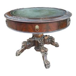 Victorian Carved Mahogany and Oak Center Table with Leather Top