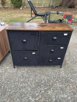 Nice 5 -Drawer Fabric Tall Dresser with Wood Top & Sturdy Metal Frame, Wood Grain Print — Storage Chest for Bedroom, Living Room 