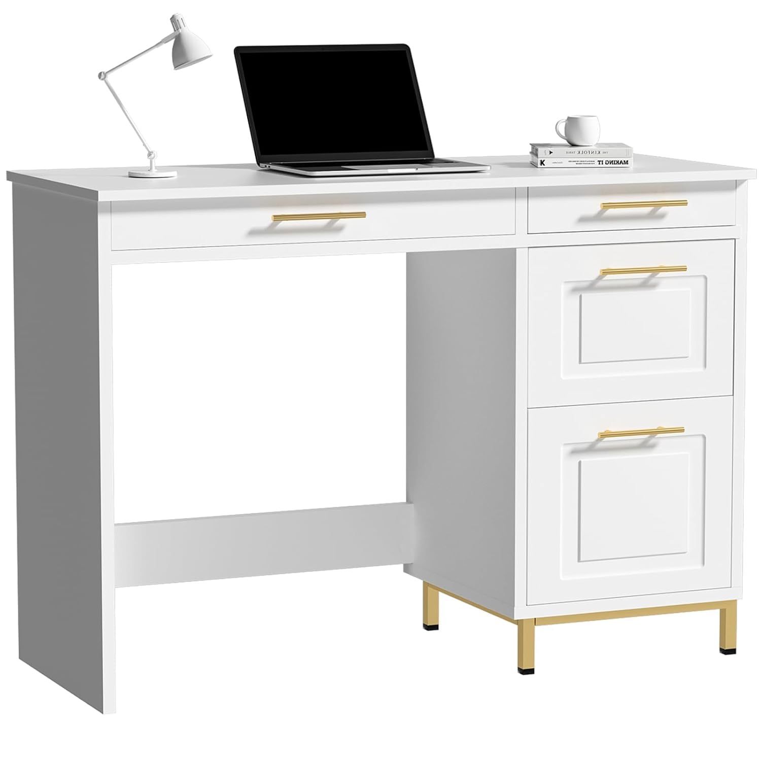 White Desk with Drawers, 43” Home Office Computer Desk with 4 Storage Drawers, Gold Hardware for Small Space, White and Gold Desk Writing S