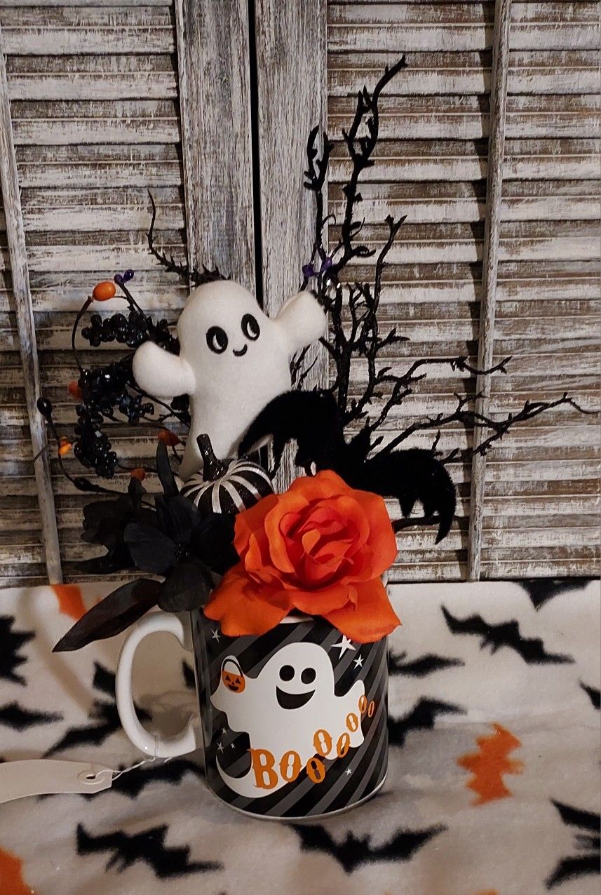Ht-15in Width-13 In HANDMADE Artificial Halloween Arrangement In A Large Cup With Ghost