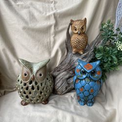 Set Of 3 Ceramic Decorative Owls
