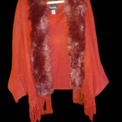 Elegant Shawl Sweater W/Fur Trim