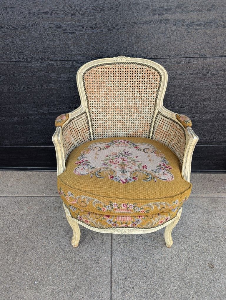 Beautiful Antique Caned Chair With Vintage Yellow Embroidery Upholstery 