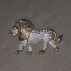 Crystals White Sapphires Gold Lion Broach 