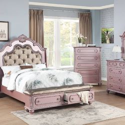 Brand New Rose Gold Queen Storage Bedframe + Dresser + Mirror + Nightstand 4PCs Set
