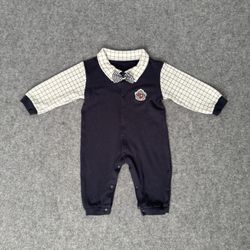Classic Navy Baby Romper With Checkered Sleeves And Bow Tie