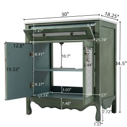 30 Antique Pattern Bathroom Vanity with Rectangle Ceramic Sink, Bathroom Vanity Cabinet with Tip-Out Tray / Flip-Out Drawer, Equipped with Antique Han