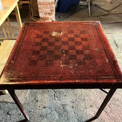 VINTAGE 1940S SAMSON FOLDING CARD TABLE BY SHWAYDER WOOD LEGS, CHECKERS, CHESS