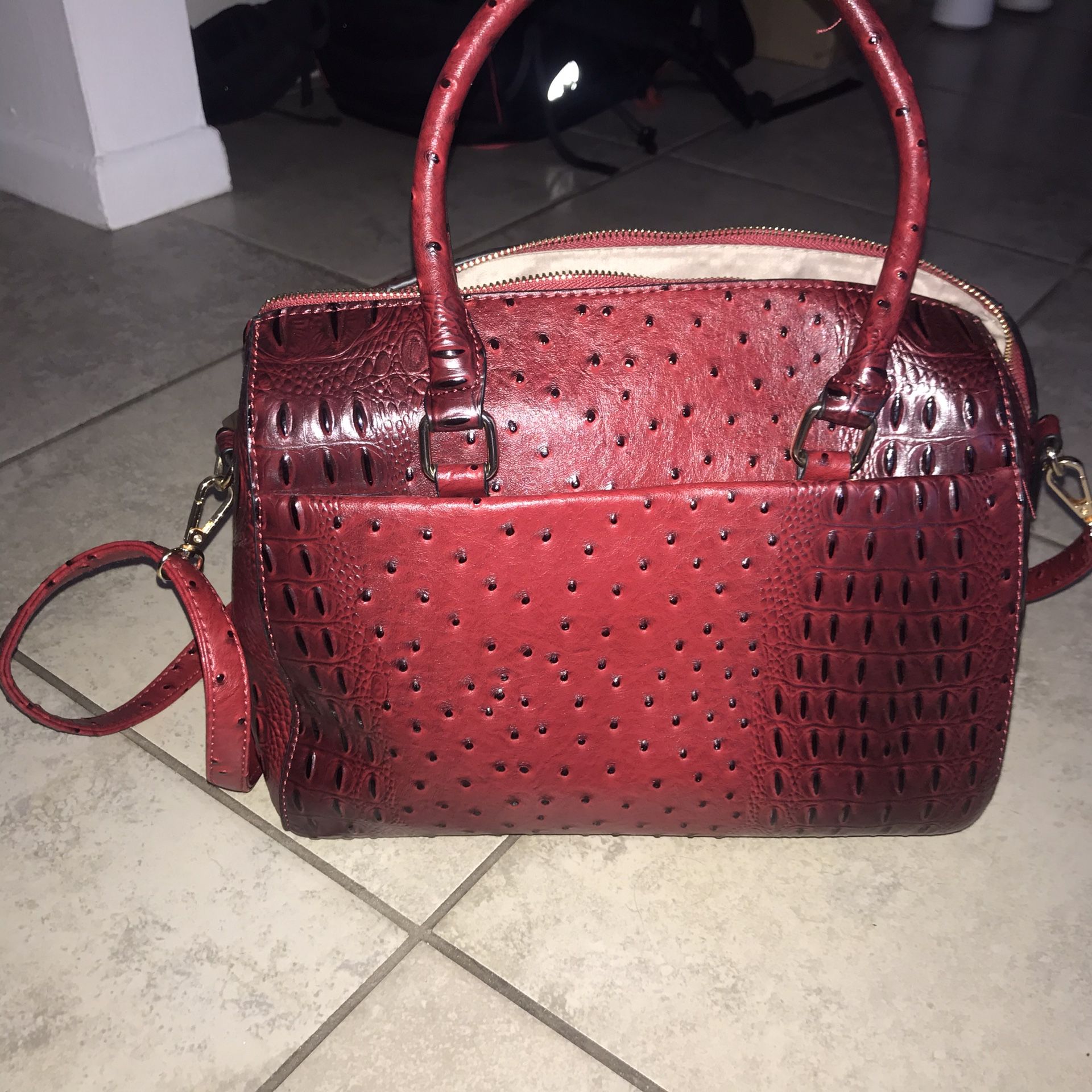 Red ostrich embossed vegan leather bag purse new