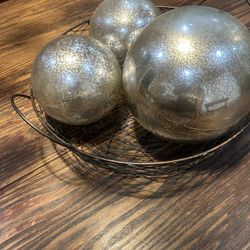 World Market Set Of 3 Silver Lighted Balls. Wire Basket Included. 