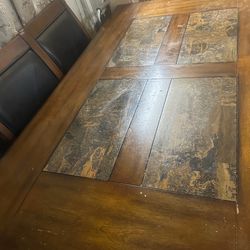Wood and marble table with leather 6 chairs