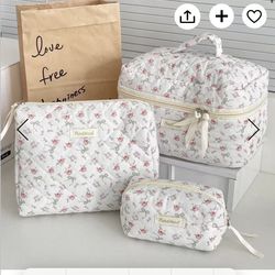 3pcs Quilted Floral Pattern Cosmetic Bags With Zippers