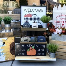 Farmhouse Home Decorations Fall Autumn Tabletop Signs Pumpkins Grass Metal Pots bundle Lot - See Description 