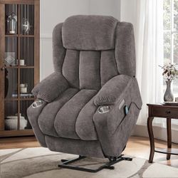Oversized Dark Gray Microfiber Power Lift Assist Power Recliner Chair with Massage. Taupe