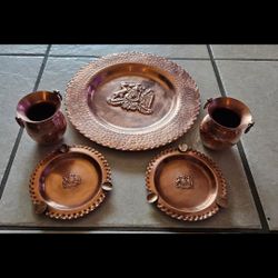 Vintage Hand Hammered Cooper Dish Tray+2 Ashtray +2 Vase Pot Chile Set Of 5