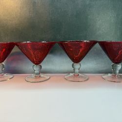 Set of (4) Beautiful Ruby Red Bubble low Martini/Margarita Glasses. Clear Stem. Hand Blown. Thick glass. Oversized Sherbet / Champagne Glasses; Low De