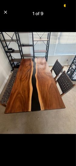 Live Edge Wood and Resin River Dining Table with Bench and Chairs