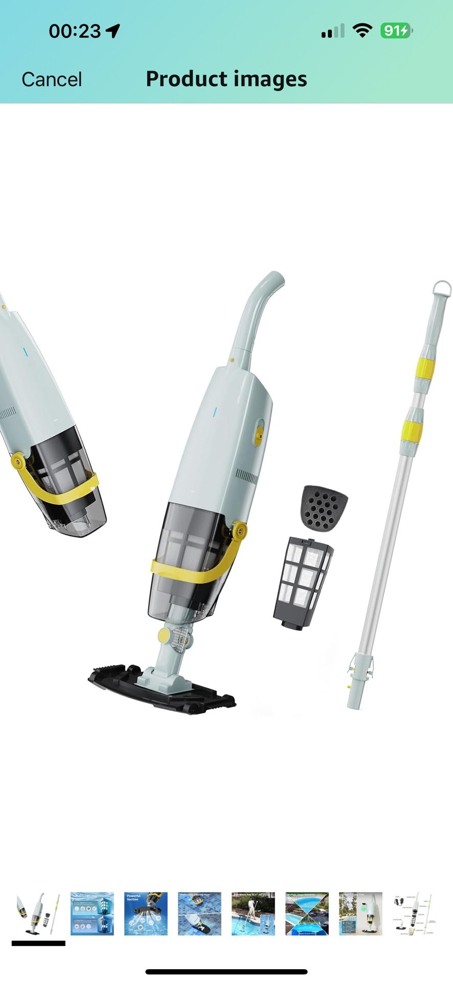 Cordless Handheld Pool Vacuum, Rechargeable Pool Cleaner with Dual-Phase Debris Capture, 30W Powerful Suction, 60-Min Runtime, Ideal for Above Ground 